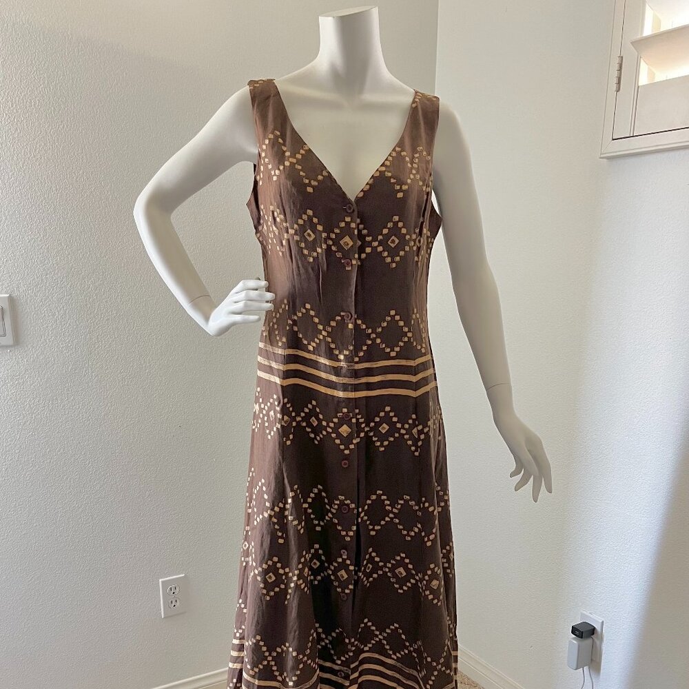 vintage 90s brown linen / 1990s dkny jeans dress / summer button up dress